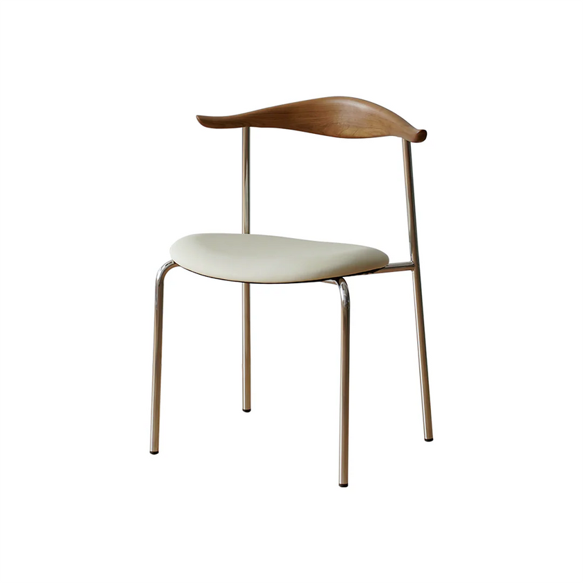 Modern chair with wooden backrest and white seat on a white background