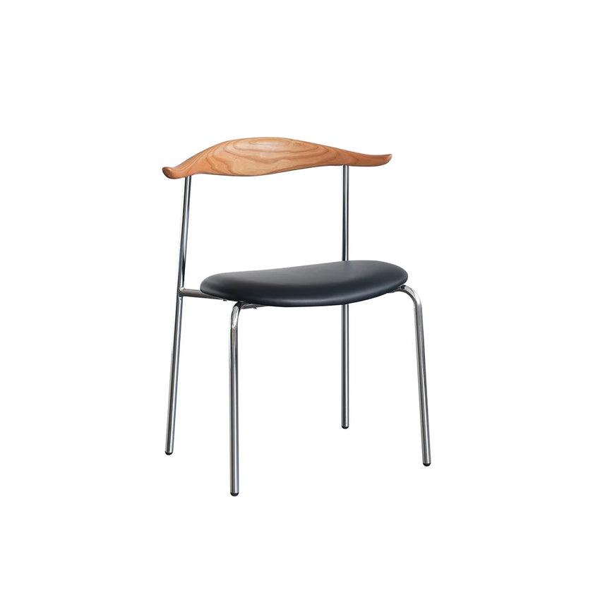 Chair with wooden backrest and black seat on a white background