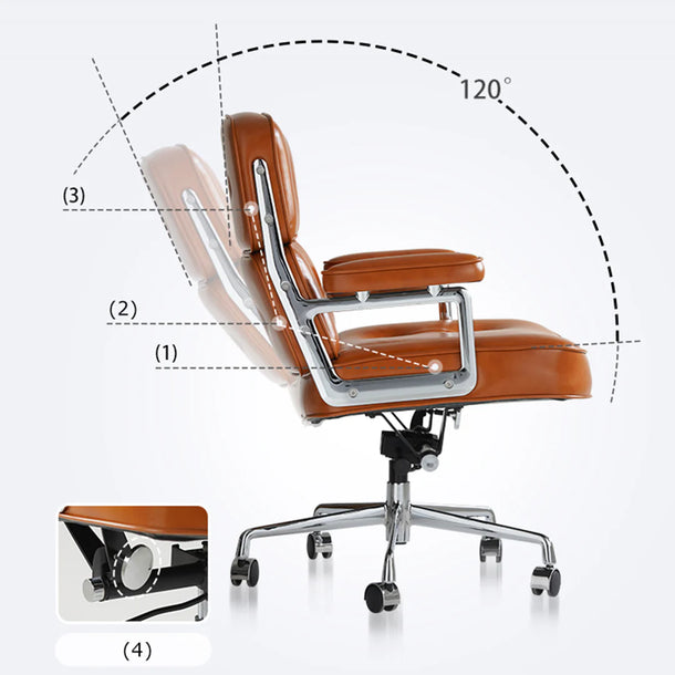 Brown office chair with labeled parts on a white background