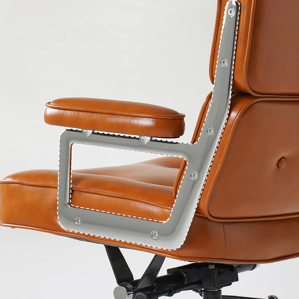 Brown leather office chair with a white frame on a light gray background