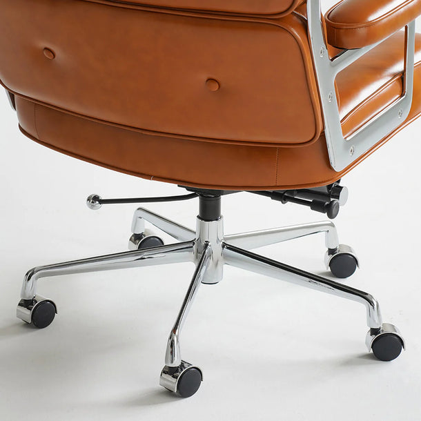 Brown leather office chair with chrome base on a white background