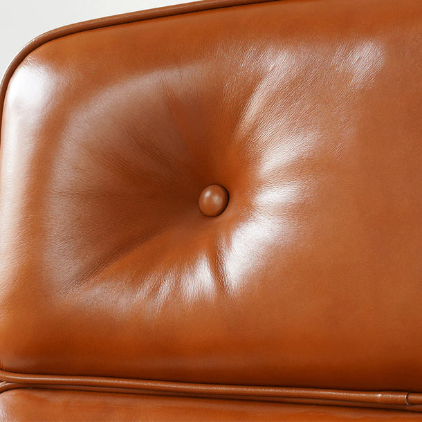 Close-up of a brown leather suitcase with a button detail.