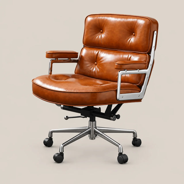 A mid-century modern office chair with tufted brown leather upholstery and a chrome five-star base, shown against a solid beige background.