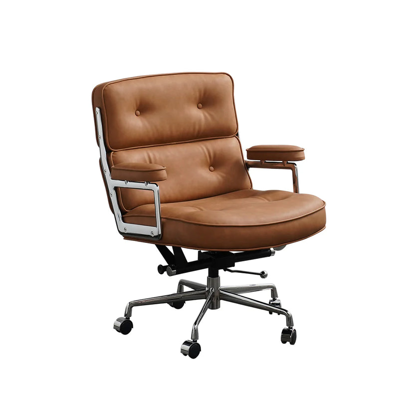 Brown leather office chair with metal frame on a white background