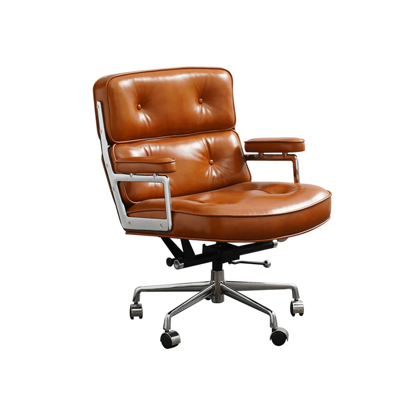 Brown leather office chair with metal base on a white background