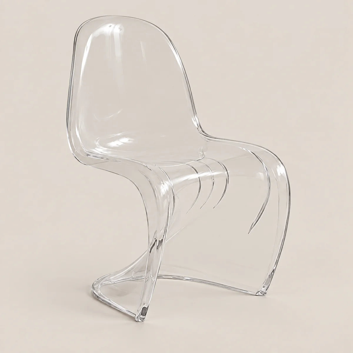A modern transparent acrylic dining chair with a curved sculptural design, shown on a solid light beige background.