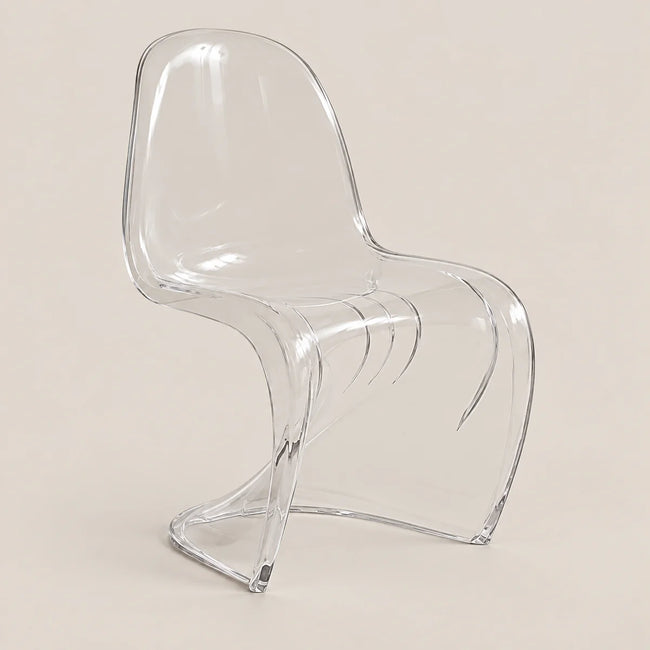 A modern transparent acrylic dining chair with a curved sculptural design, shown on a solid light beige background.