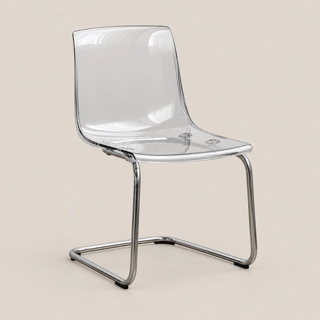 A modern transparent acrylic dining chair with a cantilever chrome metal base, shown against a solid beige background.