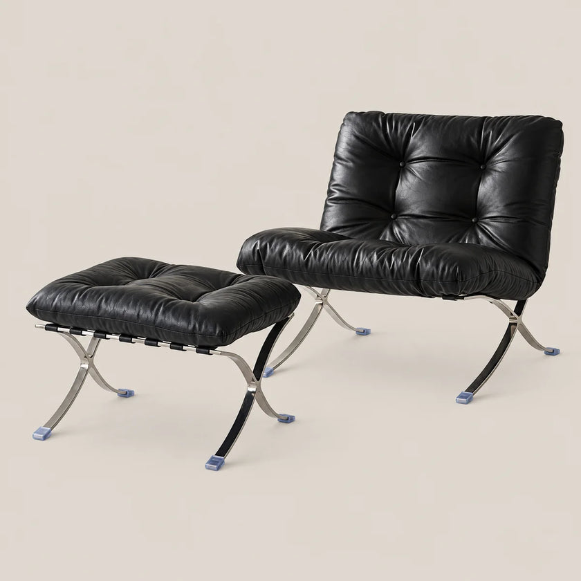 A modern black leather lounge chair with a matching tufted ottoman, both supported by chrome S-shaped metal legs, photographed against a solid light beige background.