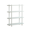 White shelving unit with four shelves on a white background