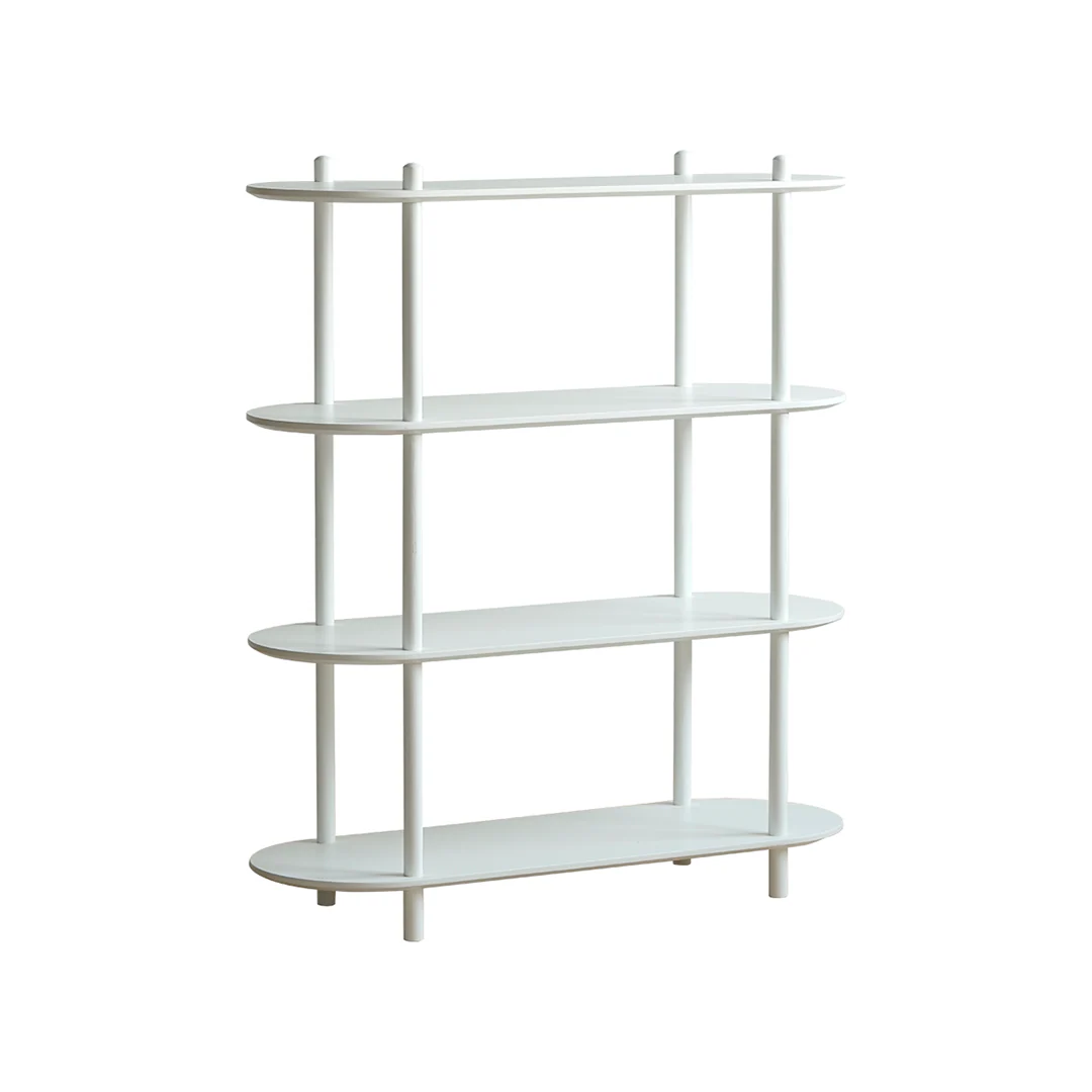 White shelving unit with four shelves on a white background