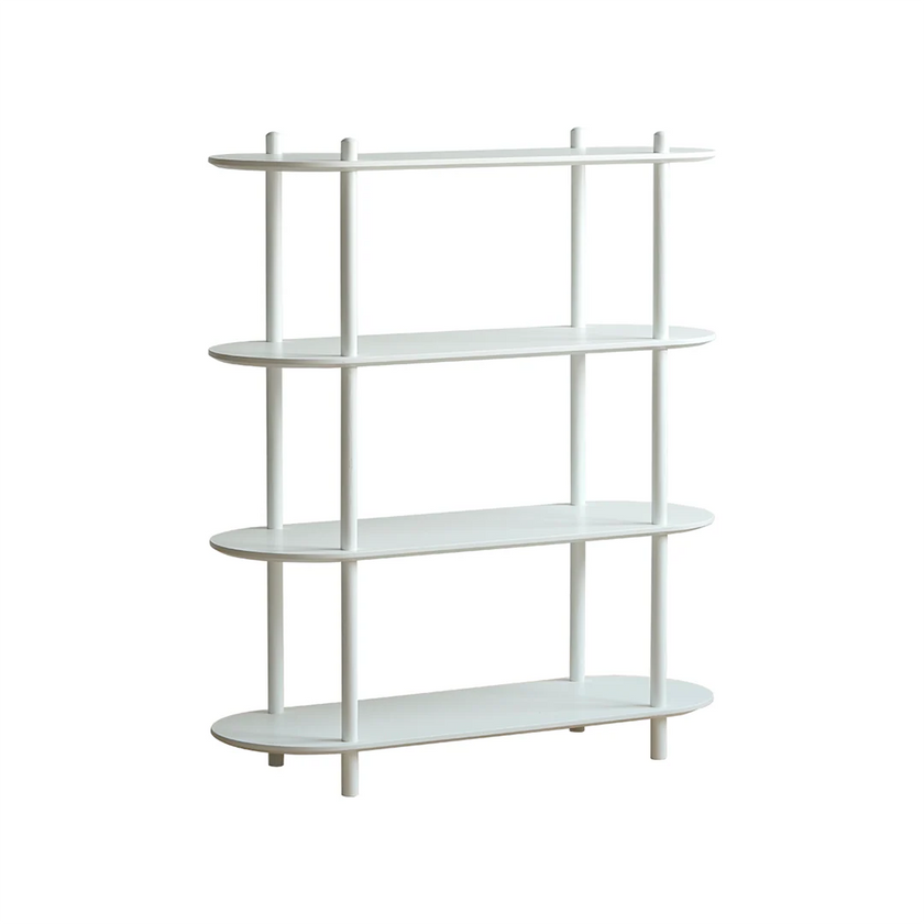 White shelving unit with four shelves on a white background