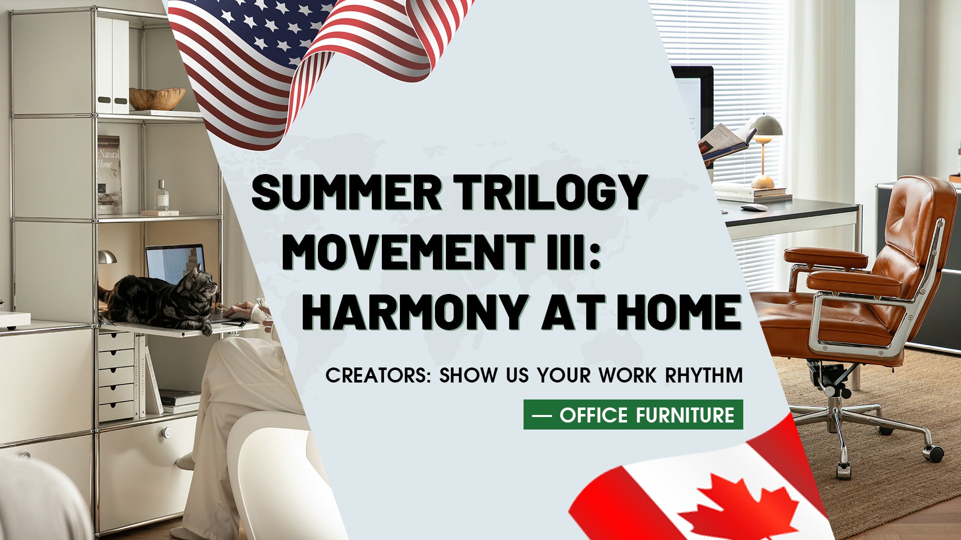 Office interior with a desk, chairs, and a computer monitor, featuring text about a 'Summer Trilogy Movement III' event.