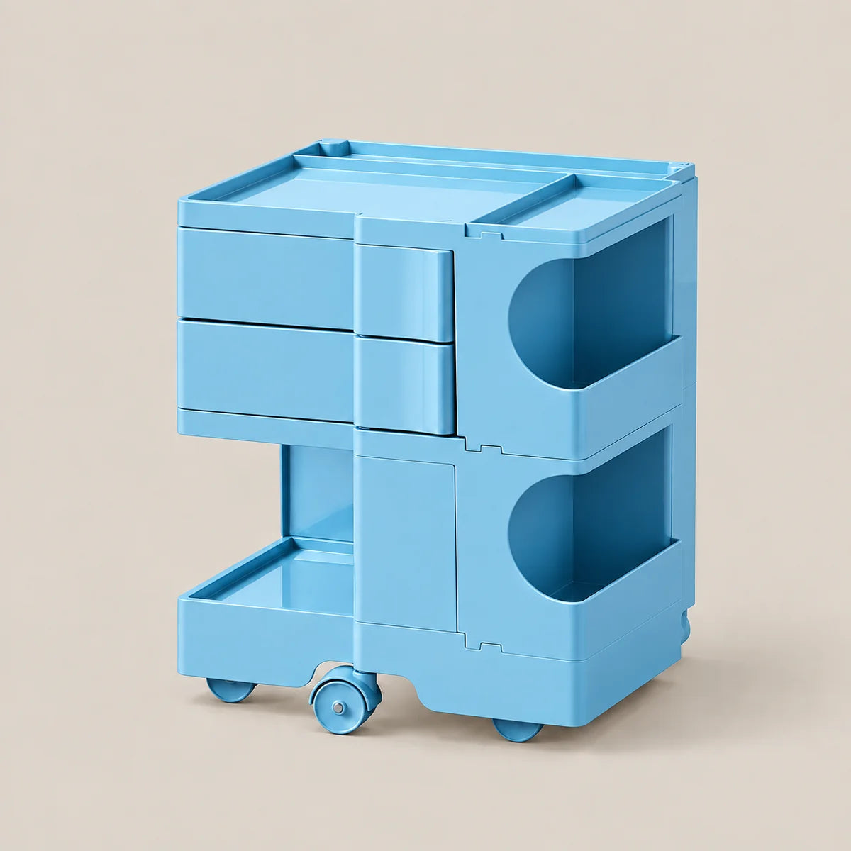 A light blue plastic rolling storage cart with three drawers, two open side shelves, and a top tray, shown on a plain beige background.