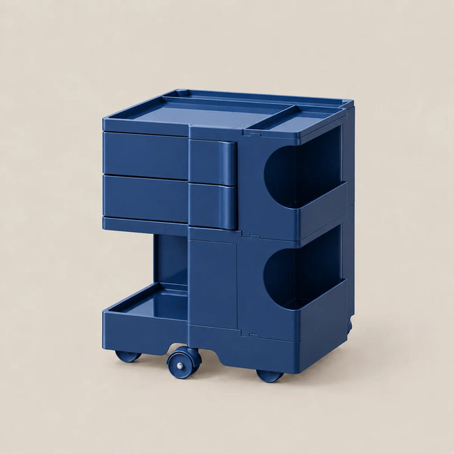 A dark blue plastic rolling storage cart with multiple drawers and open compartments, shown on a plain beige background.