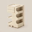 A cream-colored plastic rolling storage cart with three drawers, three open shelves, and caster wheels, shown on a solid light beige background.