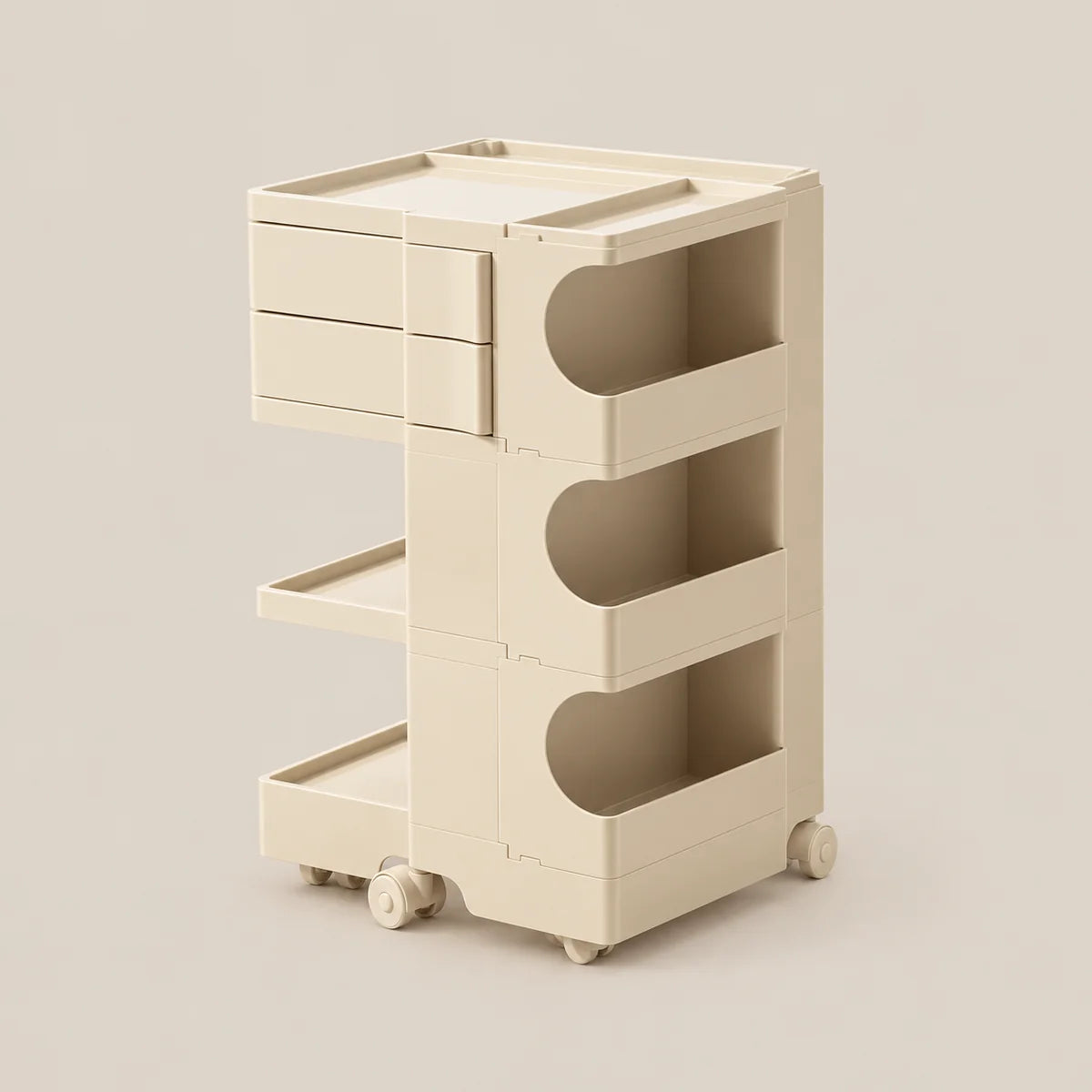 A cream-colored plastic rolling storage cart with three drawers, three open shelves, and caster wheels, shown on a solid light beige background.