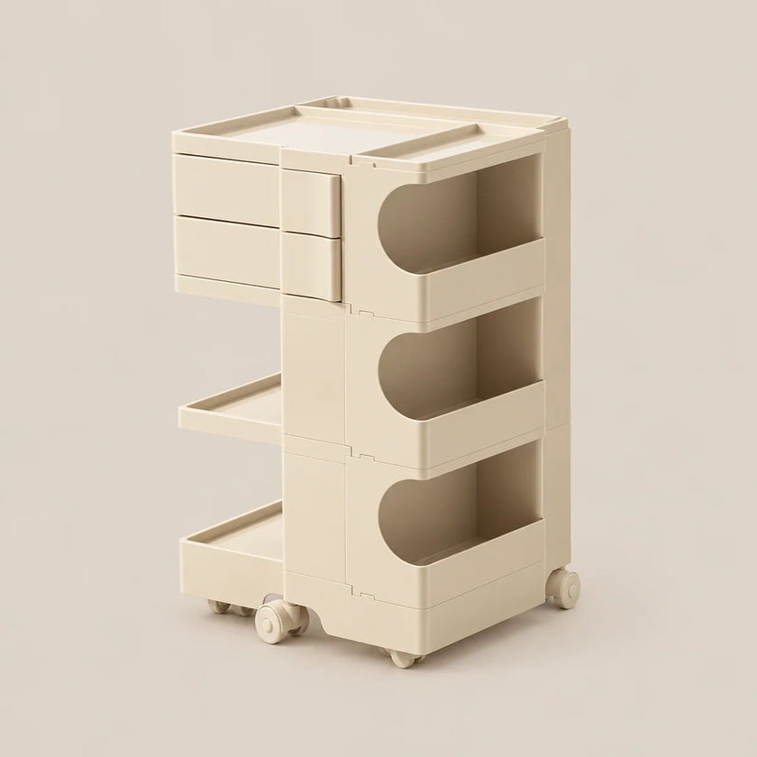 A cream-colored plastic rolling storage cart with three drawers, three open shelves, and caster wheels, shown on a solid light beige background.