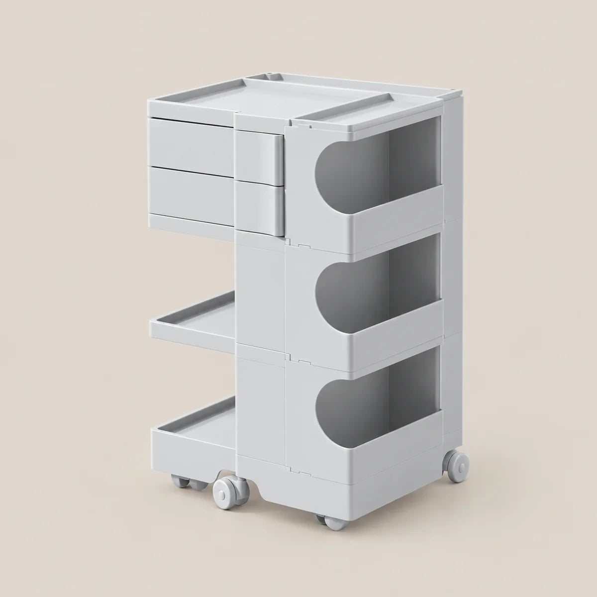 A light gray plastic rolling storage cart with three drawers on the left, two open shelves with curved cutouts on the right, and caster wheels at the base, shown on a plain beige background.