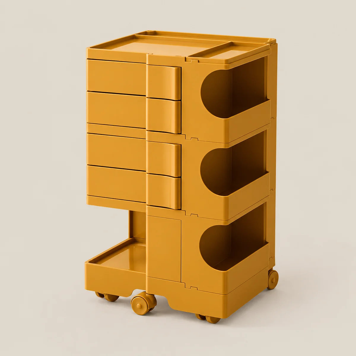 A mustard yellow modular storage cart with five drawers on the left, three open shelves with curved cutouts on the right, and a top tray, shown on a light beige background.