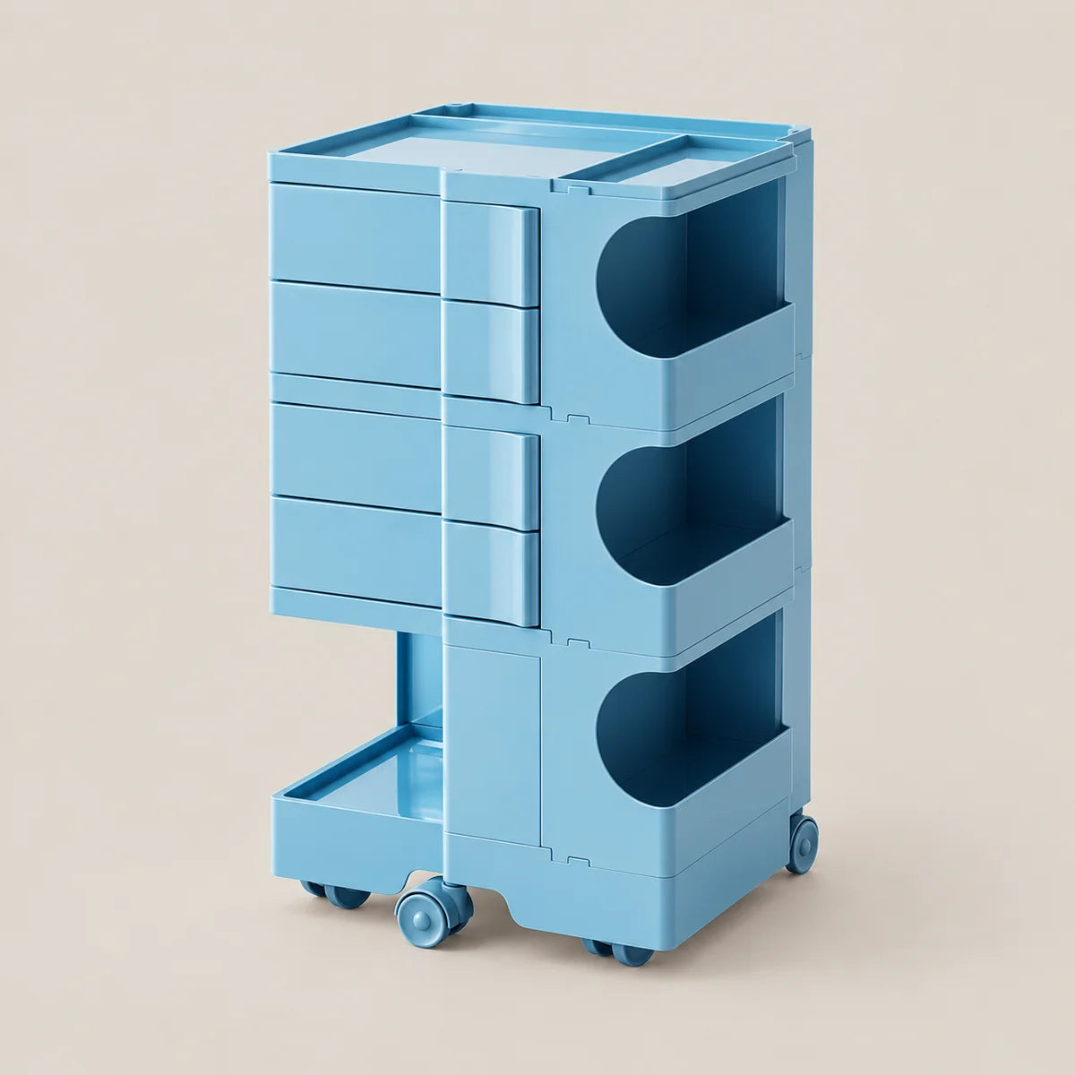 A light blue modular storage cart with multiple drawers, open side compartments, and caster wheels, shown on a plain beige background.
