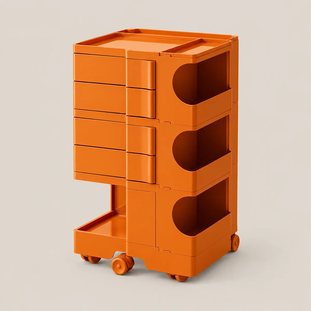 An orange modular storage cart with five drawers on the left, three open storage compartments on the right, and caster wheels at the base, shown on a light beige background.