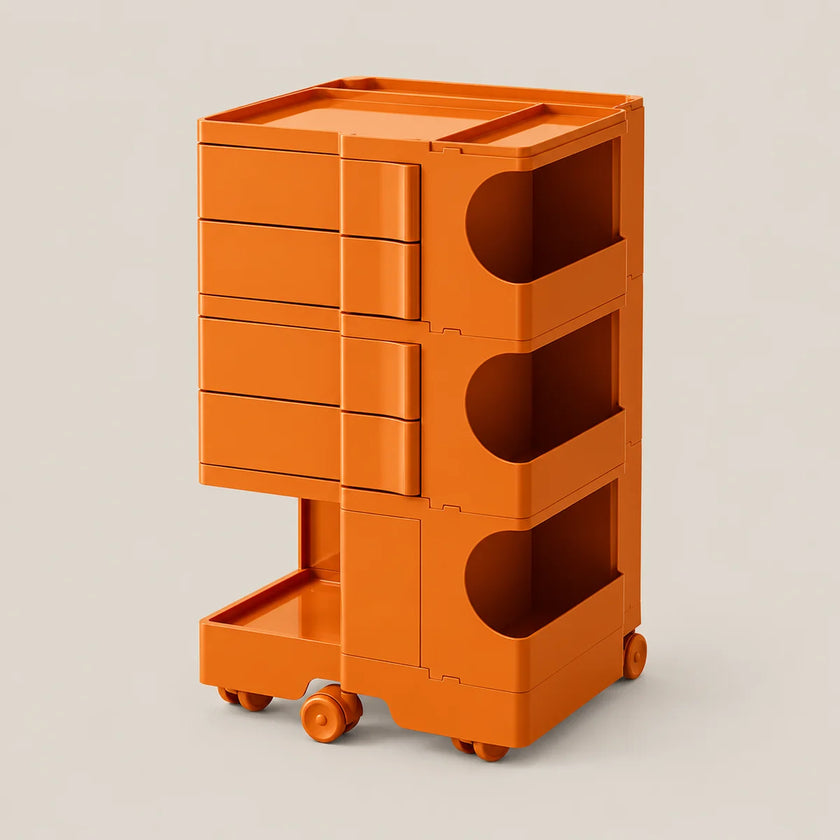 An orange modular storage cart with five drawers on the left, three open storage compartments on the right, and caster wheels at the base, shown on a light beige background.