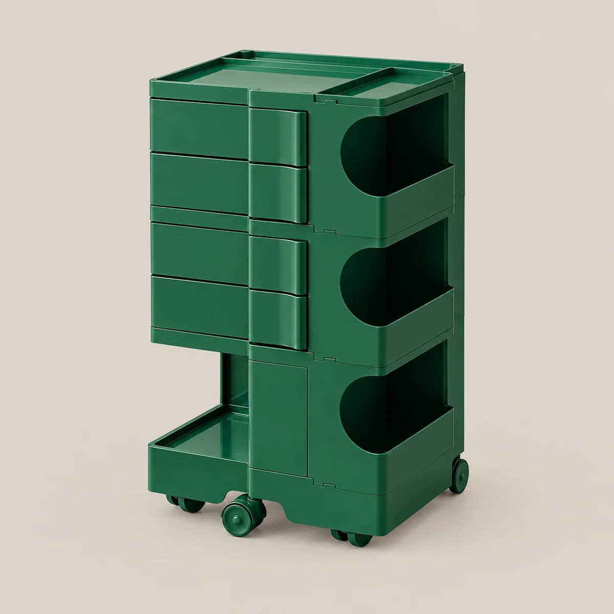 A dark green modular plastic storage cart with five drawers on the left, three open storage compartments on the right, and caster wheels at the base, shown on a solid beige background.