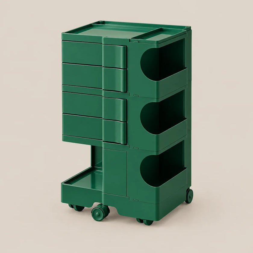 A dark green modular plastic storage cart with five drawers on the left, three open storage compartments on the right, and caster wheels at the base, shown on a solid beige background.
