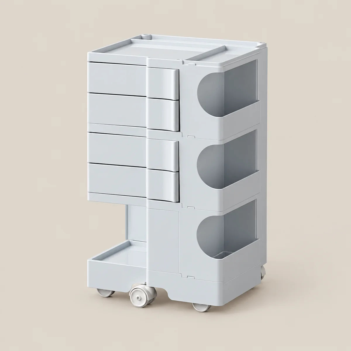 A light gray plastic rolling organizer cart with three drawers on the left, three open storage compartments on the right, and a lower pull-out tray, shown on a plain beige background.