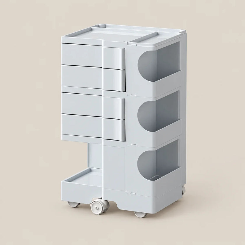 A light gray plastic rolling organizer cart with three drawers on the left, three open storage compartments on the right, and a lower pull-out tray, shown on a plain beige background.