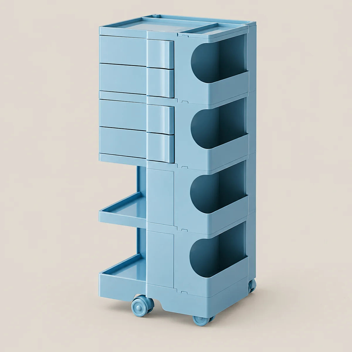 A light blue modular rolling storage cart with multiple drawers, open shelves, and circular peg holes, shown on a solid beige background.