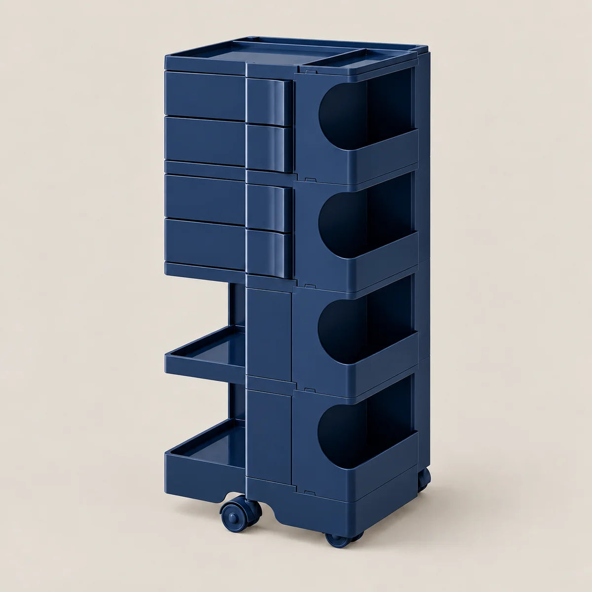A dark blue plastic rolling storage cart with multiple drawers and open shelves, shown on a plain beige background.