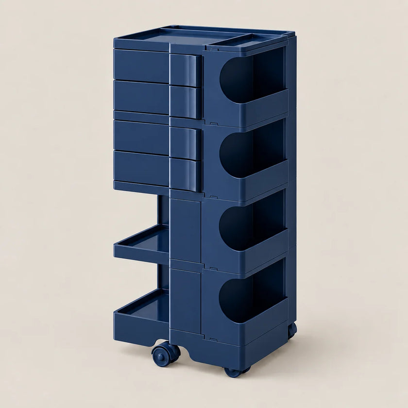 A dark blue plastic rolling storage cart with multiple drawers and open shelves, shown on a plain beige background.
