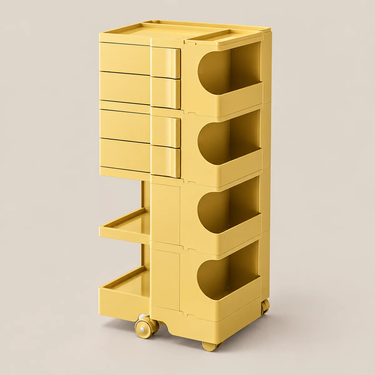 A yellow rolling storage cart with multiple drawers, open shelves, and wheels, shown on a plain light beige studio background.