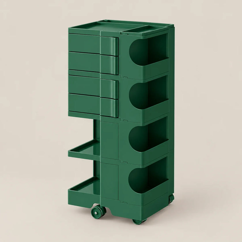 A dark green modular rolling storage cart with multiple drawers, open shelves, and wheels, shown on a plain beige background.