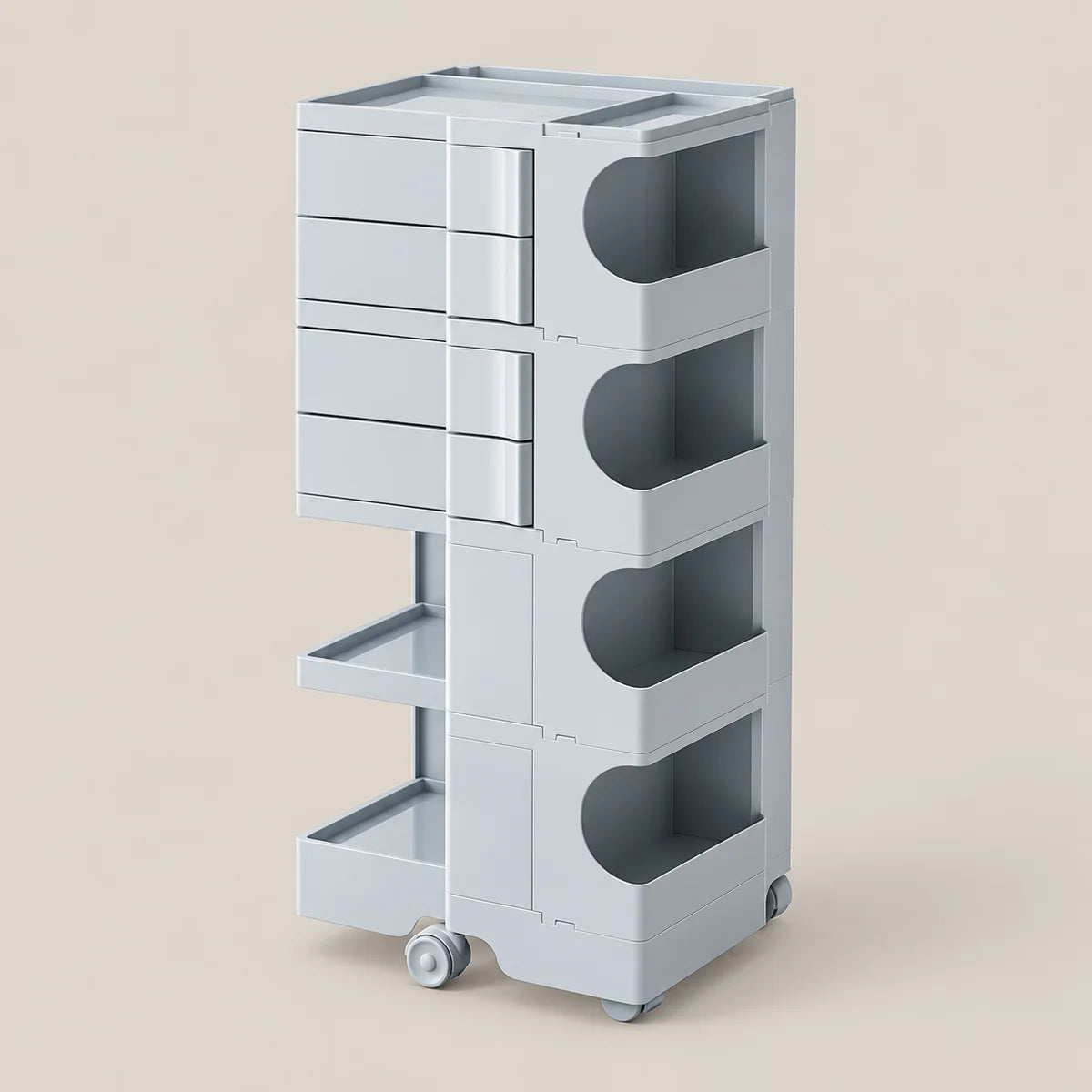 A light gray rolling storage cart with multiple drawers and open shelves, shown on a plain beige studio background.