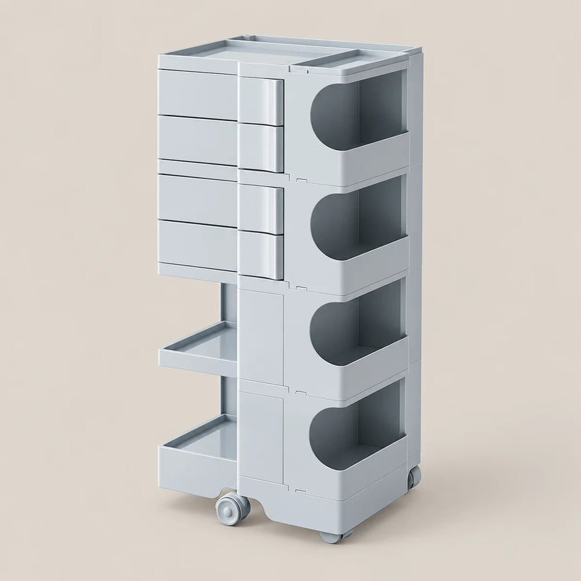 A light gray rolling storage cart with multiple drawers and open shelves, shown on a plain beige studio background.