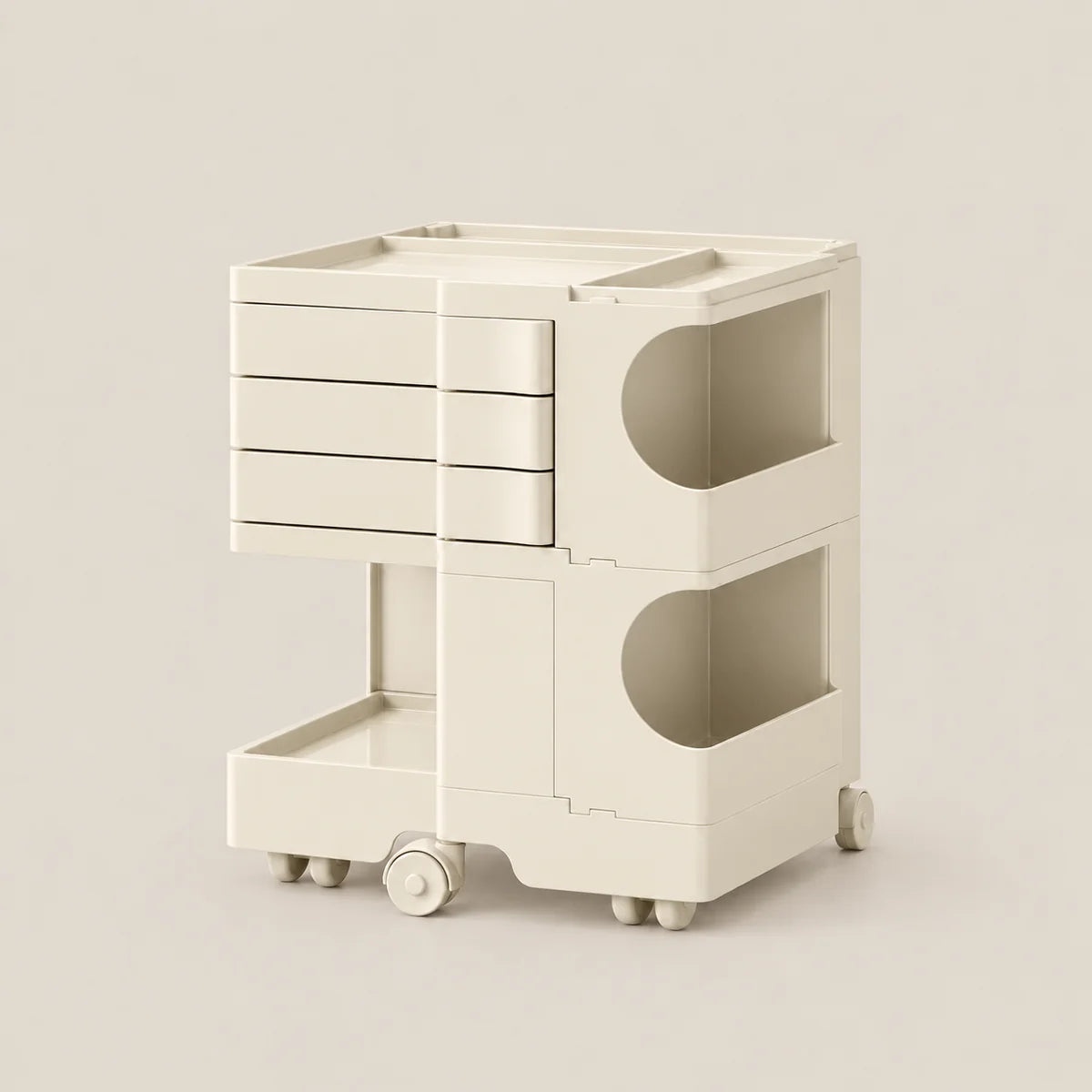 A minimalist, multi-tier plastic storage cart in a warm cream color, featuring three drawers on the top level, two open storage compartments with circular cutouts on the middle and bottom levels, and a pull-out tray on the lower tier. The cart is shown on a clean, solid, light beige background.