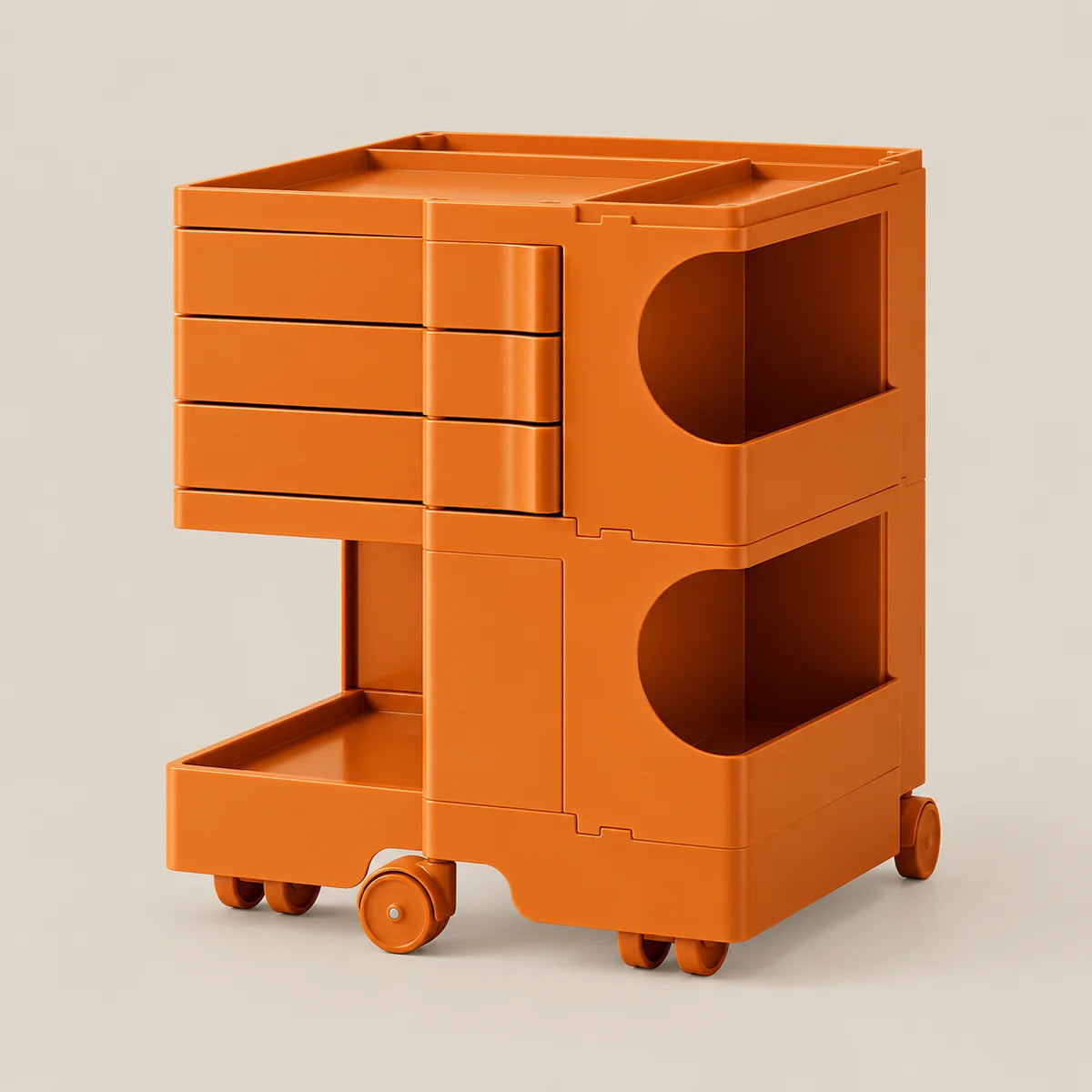 An orange modular plastic storage cart with three drawers on the top left, two open storage compartments with semicircular cutouts on the right, a lower open shelf, and four caster wheels, shown on a light beige background.