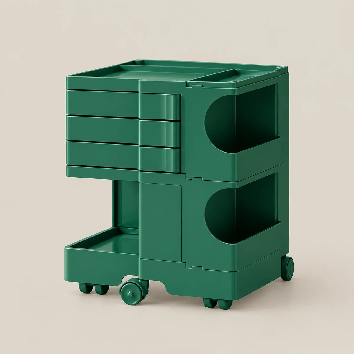 A dark green modular rolling storage cart with multiple drawers, open shelves, and caster wheels, shown on a plain beige studio background.