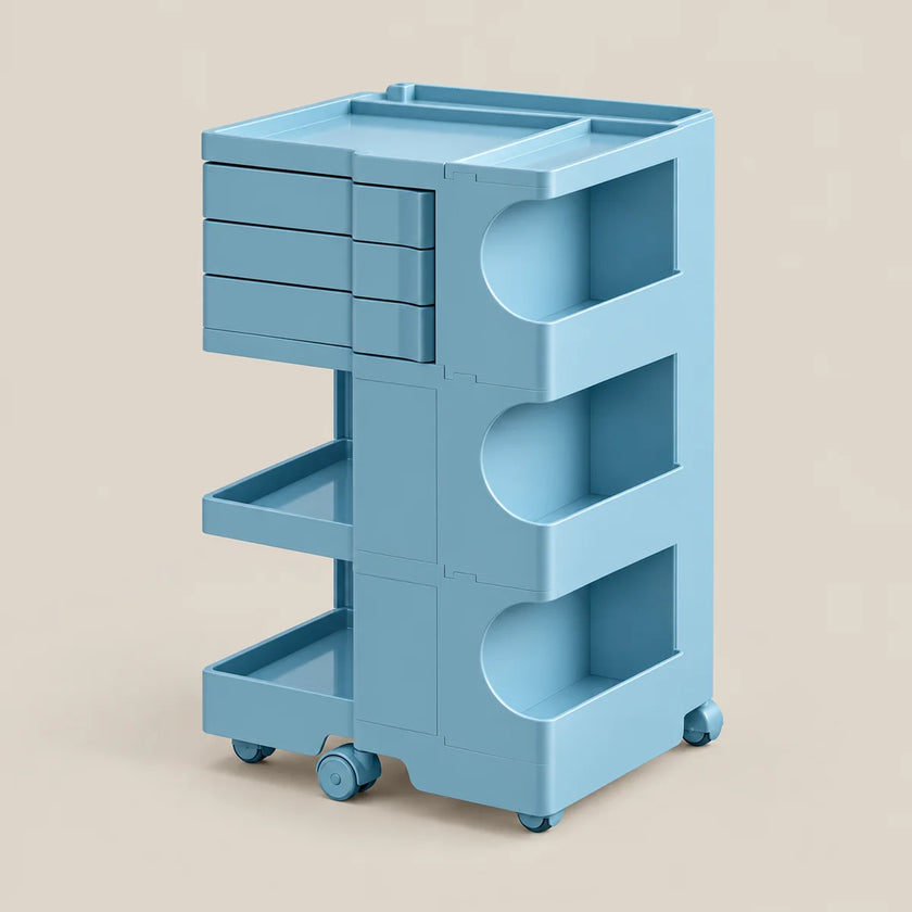 A light blue modular rolling storage cart with three drawers, two pull-out trays, and three open storage compartments, shown on a solid beige background.
