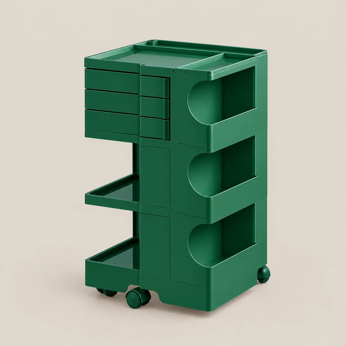 A dark green modular rolling storage cart with three drawers, two open shelves, and three circular storage compartments, shown on a light beige background.