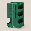 A dark green plastic rolling storage cart with multiple drawers and open shelving compartments, shown on a plain light beige background.