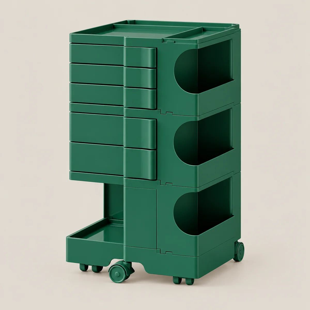 A dark green plastic rolling storage cart with multiple drawers and open shelving compartments, shown on a plain light beige background.