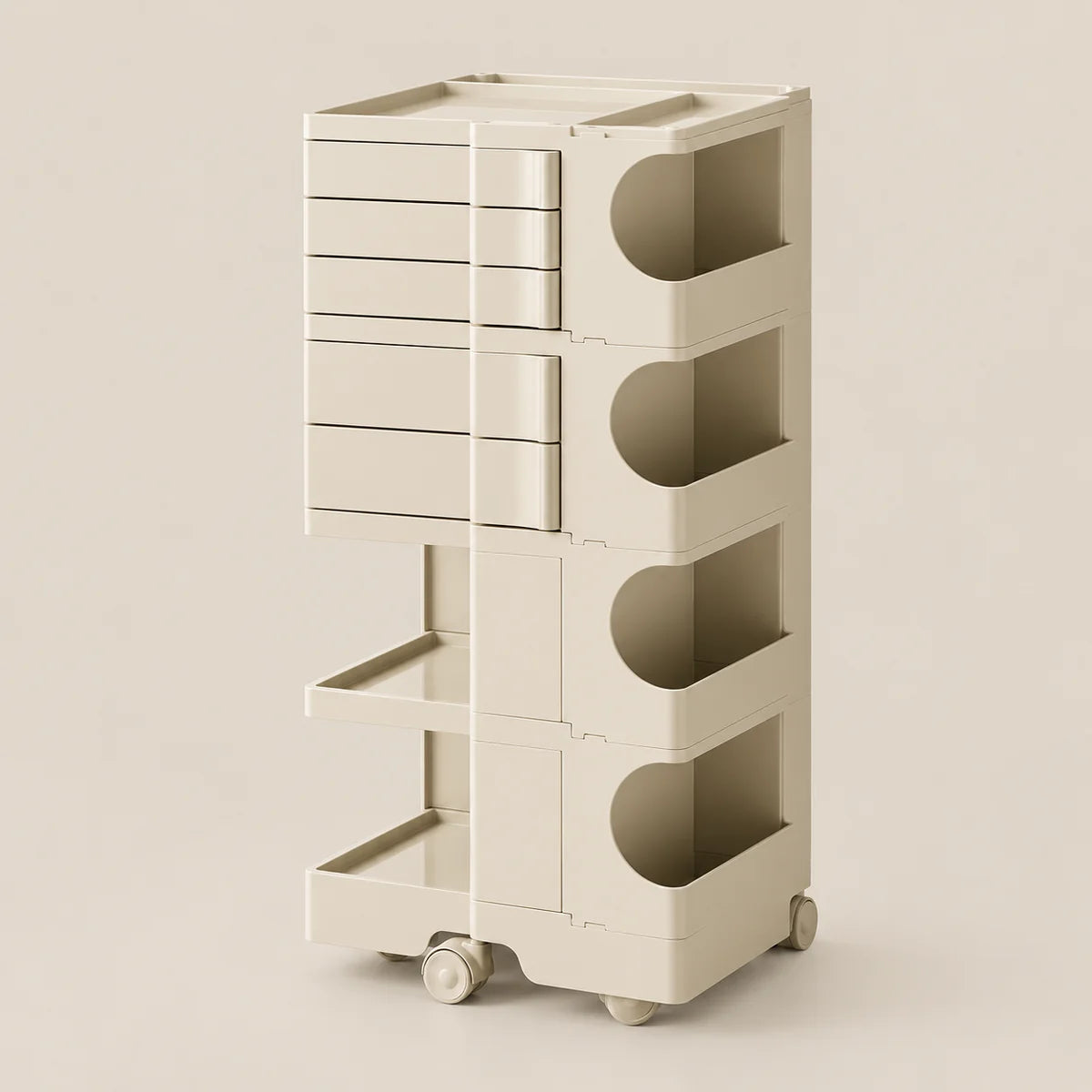 A tall, cream-colored rolling storage cart with multiple drawers, open shelves, and circular cutout compartments, shown on a plain beige studio background.