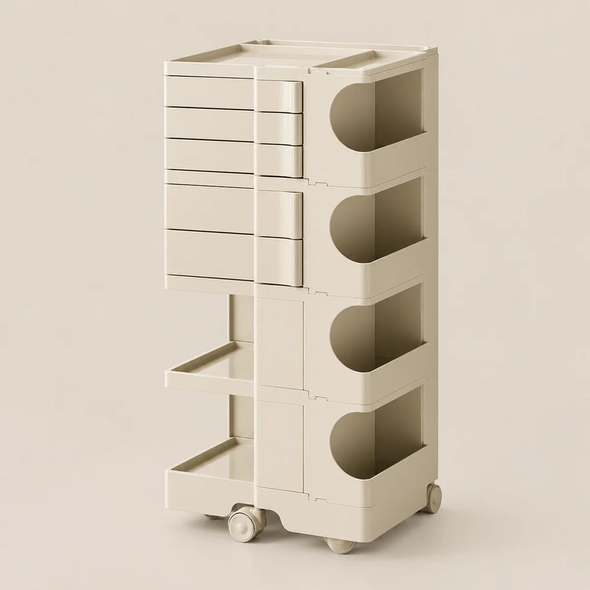 A tall, cream-colored rolling storage cart with multiple drawers, open shelves, and circular cutout compartments, shown on a plain beige studio background.