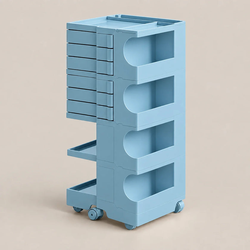 A light blue plastic rolling storage cart with multiple drawers and open shelves, shown on a plain beige background.