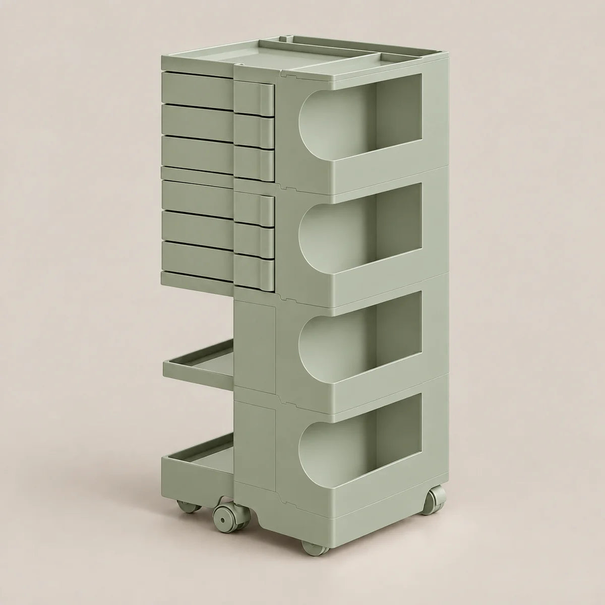 A light sage green rolling storage cart with multiple drawers and open shelves, shown on a plain warm beige studio background.