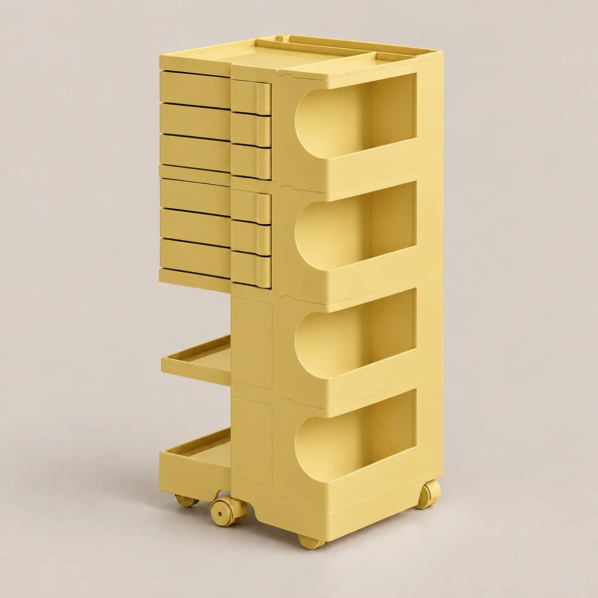 A yellow plastic rolling storage cart with multiple drawers and open shelves, shown on a plain light beige studio background.